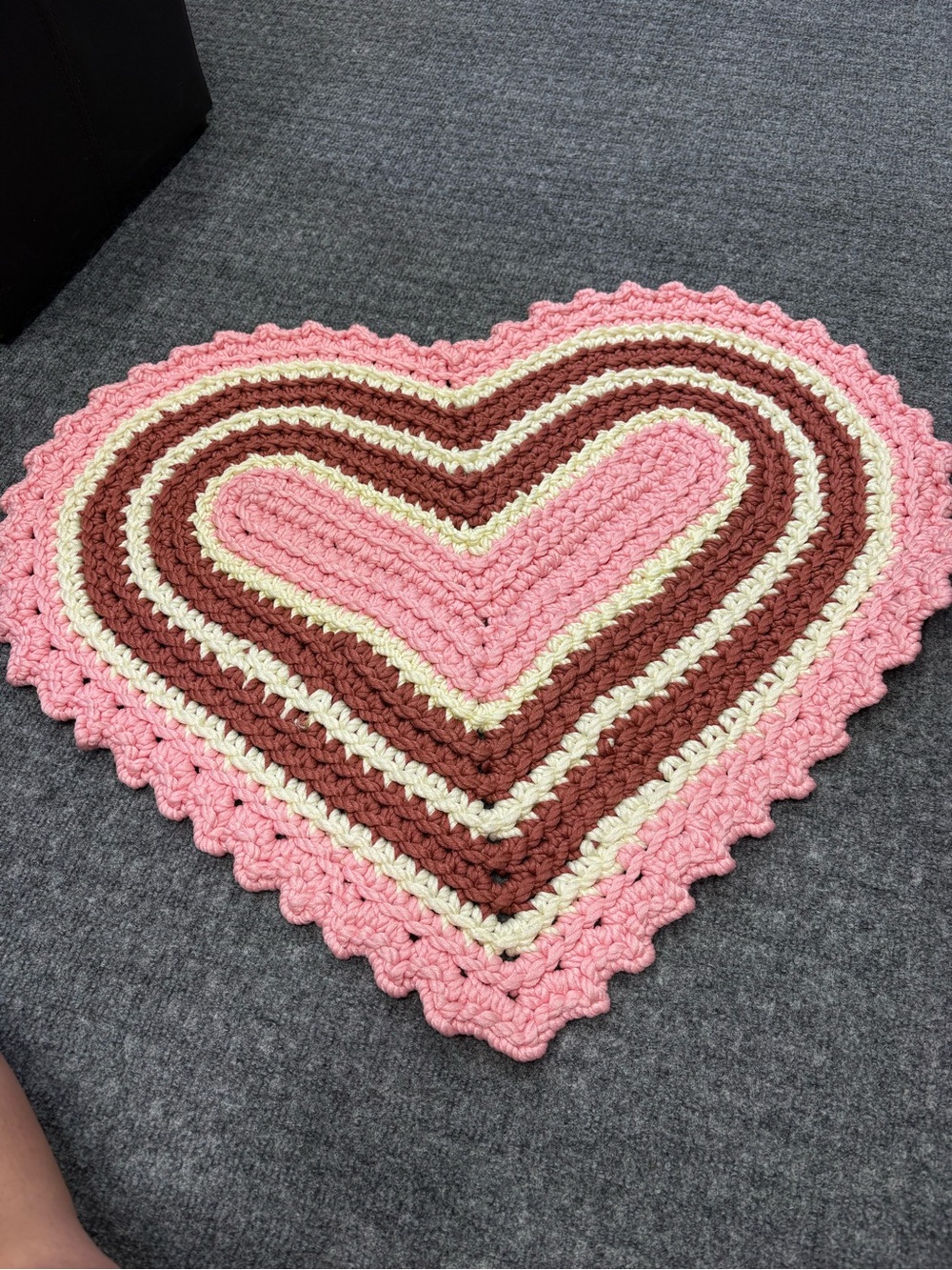 Hand Crafted Heart Crochet Door Mat in Pink, Brown, Cream